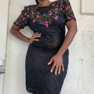 Vintage Sequined and Beaded Silk Black Knee Length Dress!